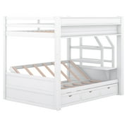 Euroco Wood Full Bunk Bed or Full over Futon with Shelf and Drawers for Kids Teens, Covertible into Daybed for Living Room, White