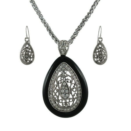 Silver and Black Teardrop Rhinestone Necklace and Dangle Earrings Set