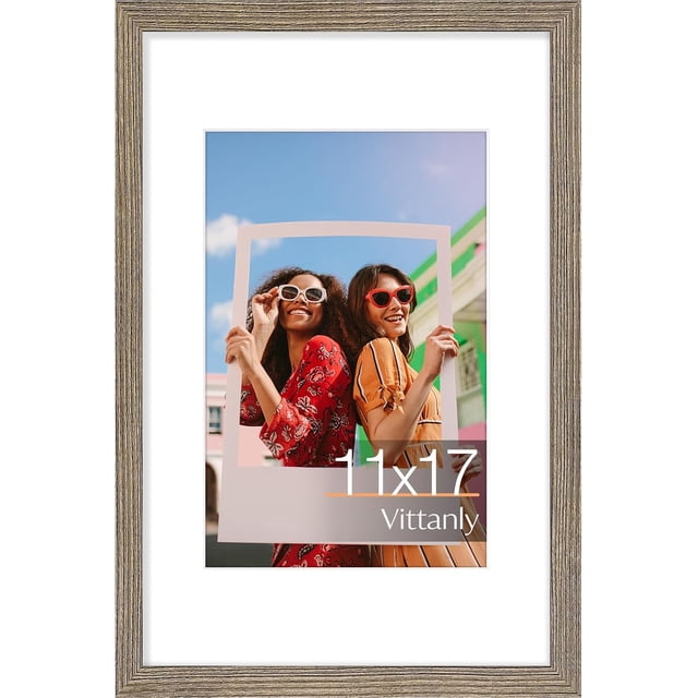 Vittanly 11x17 Picture Frame, Engineered Wood with Shatter Resistant Plexiglass, Display Pictures 8x12 with Mat or 11x17 without Mat, Photo Frame for Wall Mounting, Grayish Brown, 1 Pack