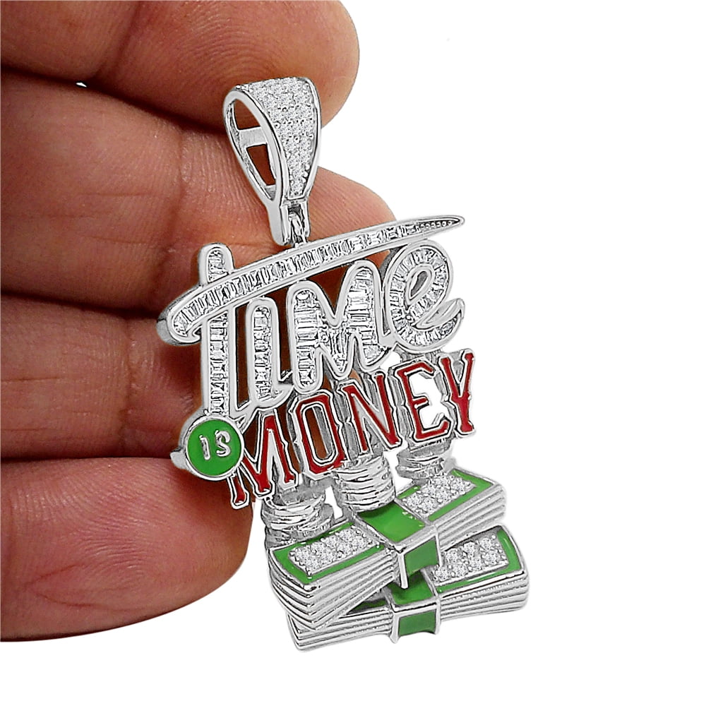 27+ Grams Real Silver 2.50 Ct. "Time Is Money" Custom Pendant Charm + Free Chain