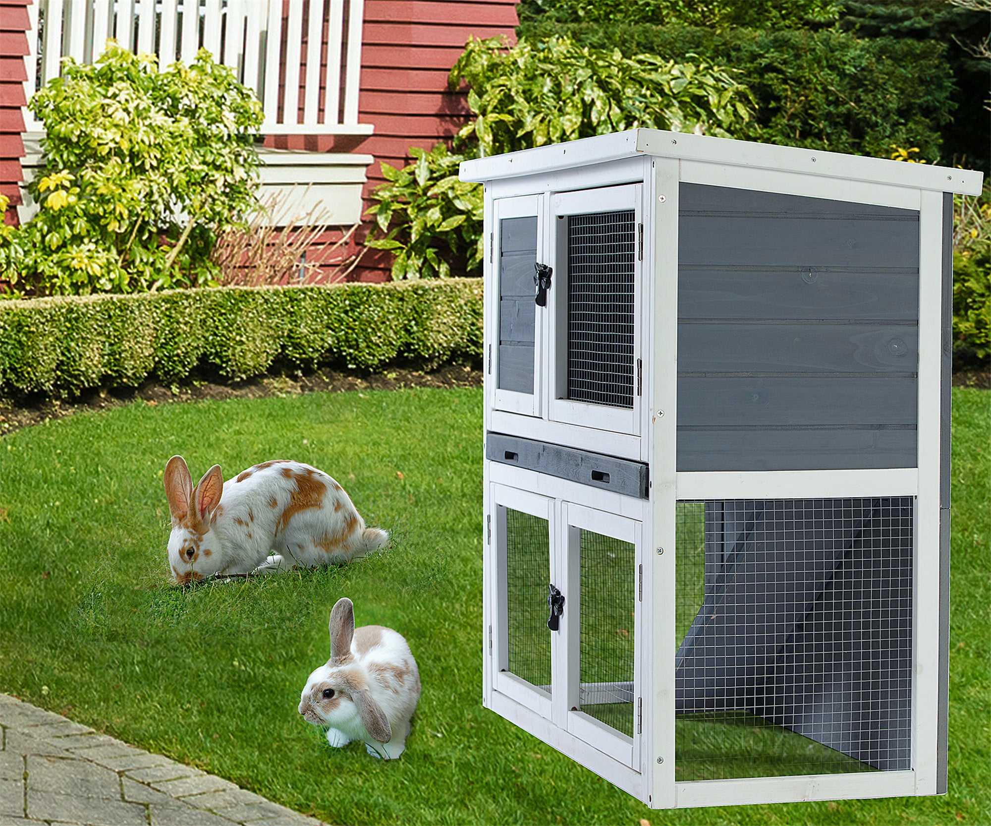 Rabbit Hutch for 2 Rabbits Wooden Hen House Guinea Pigs Bunny Cage with Pull Out Tray Run 2020 Chickens Lovupet Chicken Coop Outdoor Indoor Bunnies 