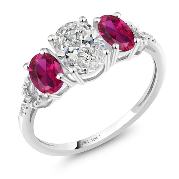 Gem Stone King 1.72 Cttw 10K White Gold Lab Grown Diamond and Red Created Ruby 3-Stone Engagement Ring | Center Oval Diamond 0.70 Ct | DEF Color | VVS-VS Clarity |Size 7