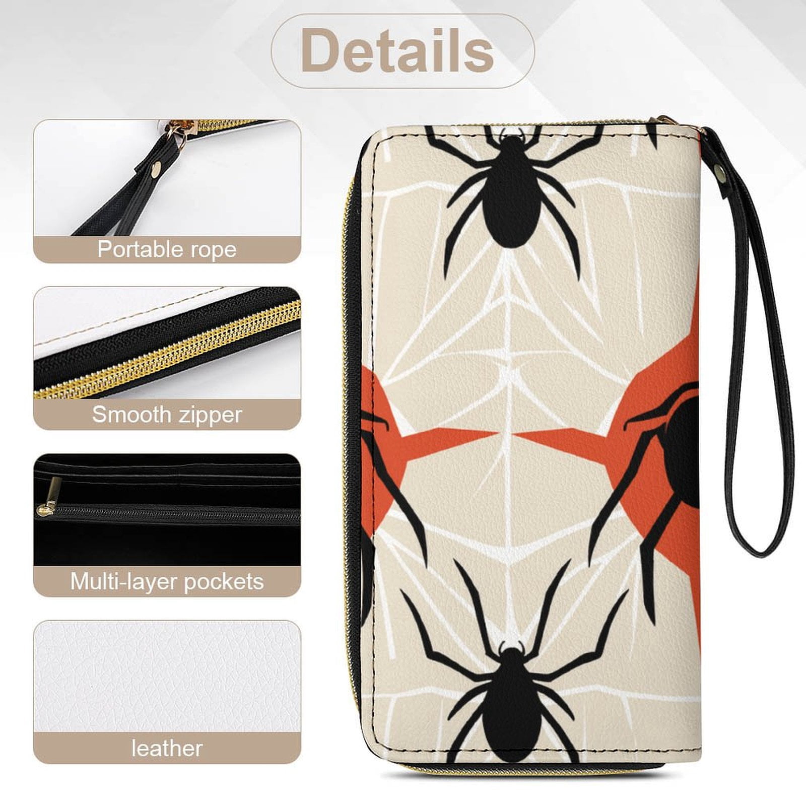 Womens Wallet Bifold Ladies Cluth Bag Wristlet Wrist Strap Long Purse Spiders Design