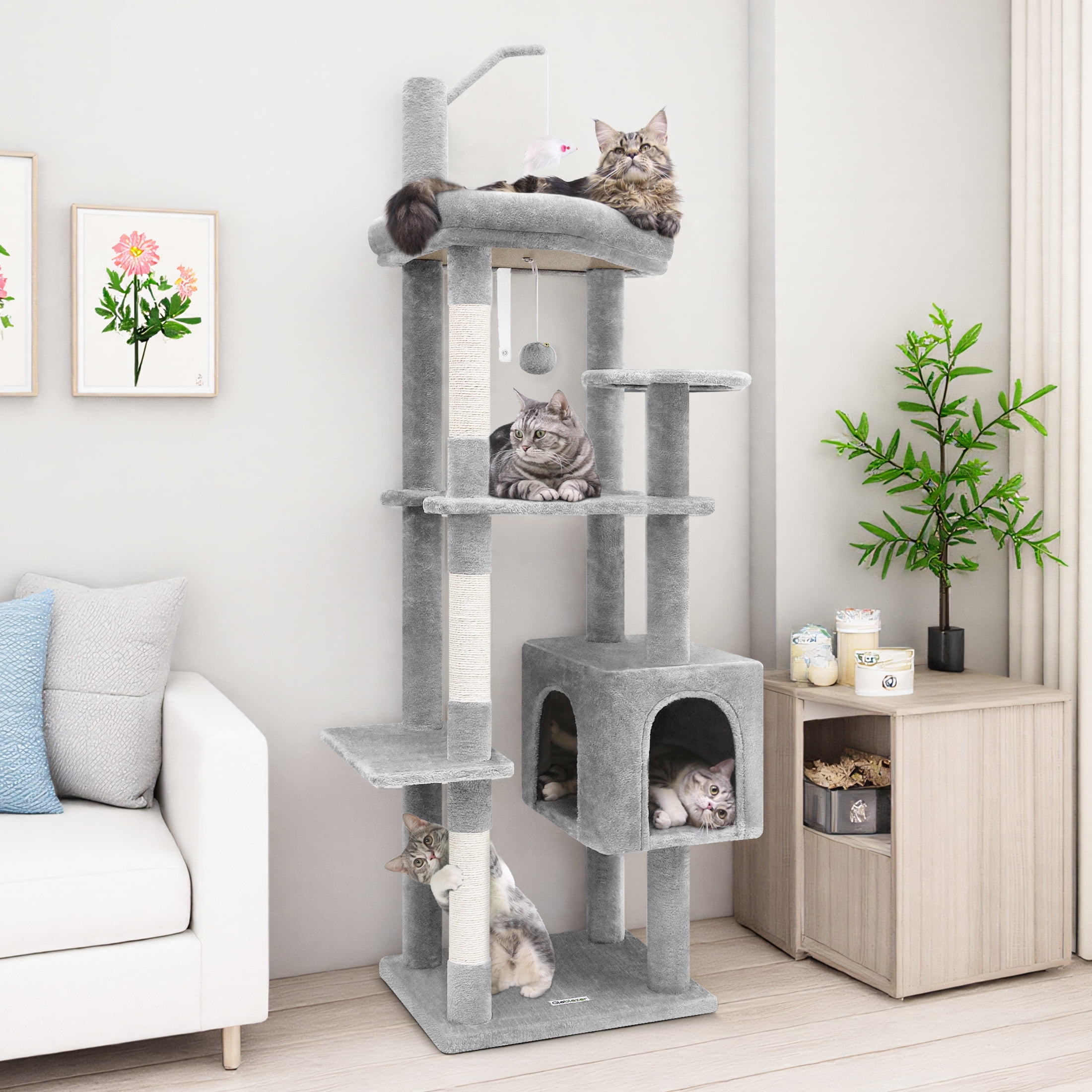 T65F 64" Tall Cat Tree Tower for Large Cats, Spacious Condo, Scratching Posts & Teaser Mouse
