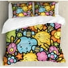 Nursery King Size Duvet Cover Set, Cute Cartoon Characters Happy Sun Bunnies Trees Bugs Clouds Bees Kawai Art Design, Decorative 3 Piece Bedding Set with 2 Pillow Shams, Multicolor, by Ambesonne