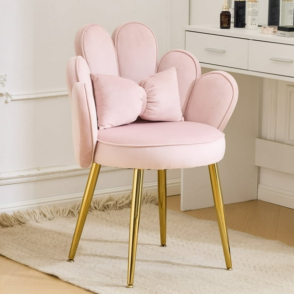 RONG-3  Chair with Back,Flower Cute Girls Desk Chair Comfy No Wheels,Modern Dining Chair,Small Accent Chair with Adustable Gold Legs&Bow Pillow for Home Office,Bedroom,Pink