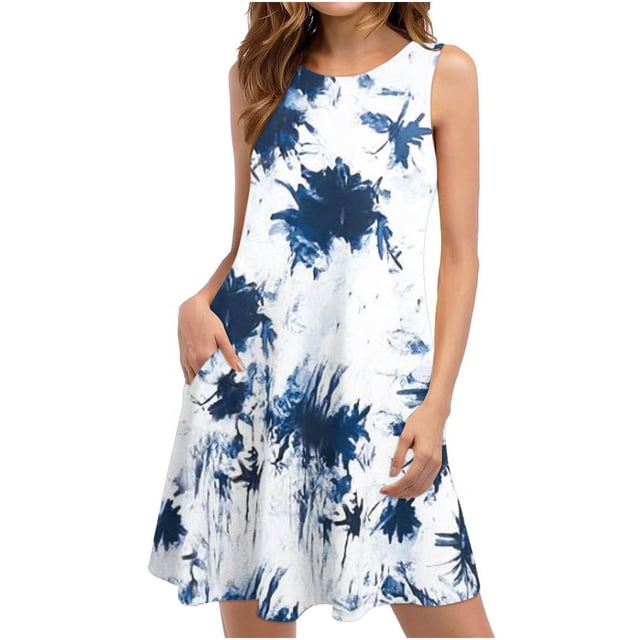 Fankiway Robes d'Été Femmes Plage Floral Sans Manches Robe d'Été Décontractée Poches Robe Bohème Robes d'Été pour Femmes Robes Sans Manches pour Femmes Grande Taille