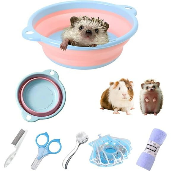 Saluqifa 6 Pcs Hedgehog Bath Supplies Kit, Foldable Bathtub and Cleaning Brush with Pet Hair Comb, Pet Nail Clipper, Swimming Ring, Towel for Small Animal Hamster, Bunny, Guinea Pig, Lizards, Turtle