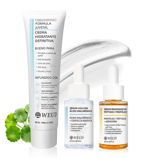 WEUD Skin Care Coreano 3 En 1 Kit, con 1 Crema Hidratante Niacinamida + 1 Serum Centella Asiatica + 1 Serum Péptidos Propóleo, Kit Cuidado Facial Mujer para Hidrata, Ilumina y Un