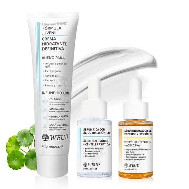 WEUD Skin Care Coreano 3 En 1 Kit, con 1 Crema Hidratante Niacinamida + 1 Serum Centella Asiatica + 1 Serum Péptidos Propóleo, Kit Cuidado Facial Mujer para Hidrata, Ilumina y Un
