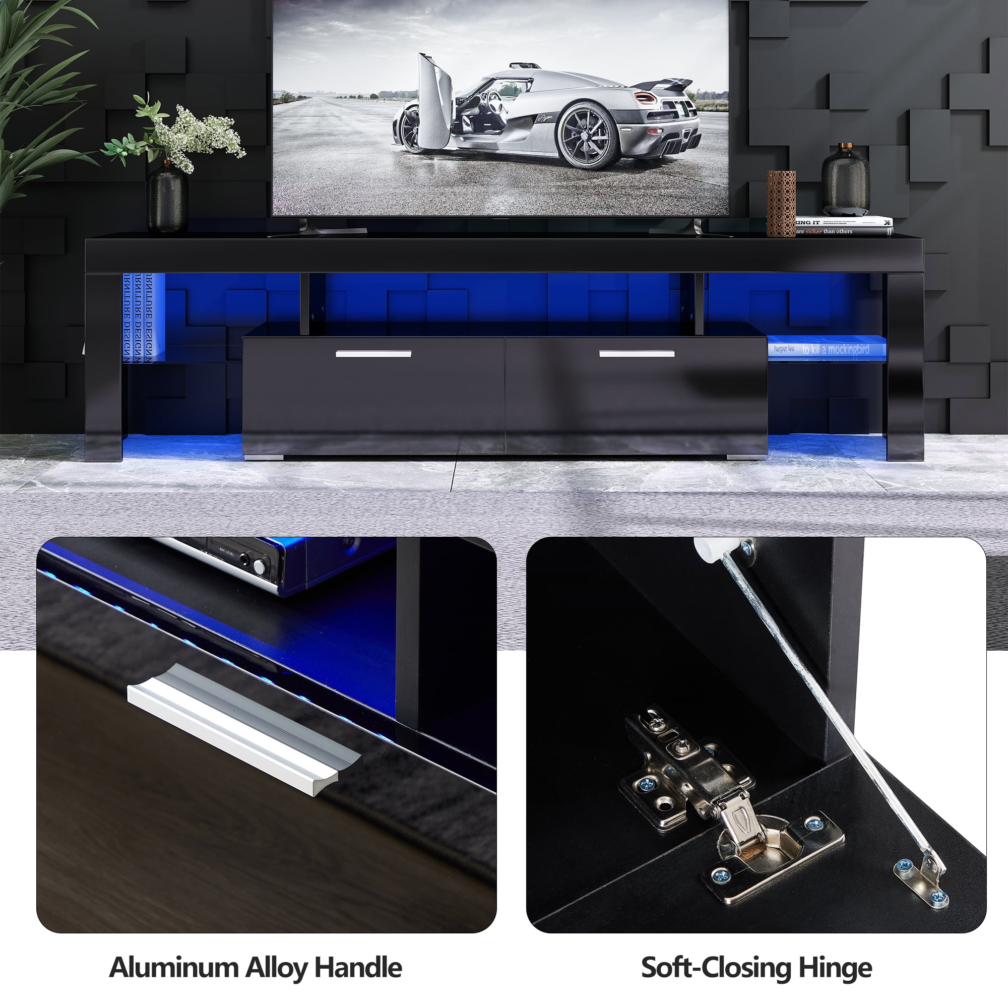 UHOMEPRO TV Stand for TV up to70'', High Gloss Entertainment Center with RGB LED Lights and Storage Shelves, Black Media Console for Living Room