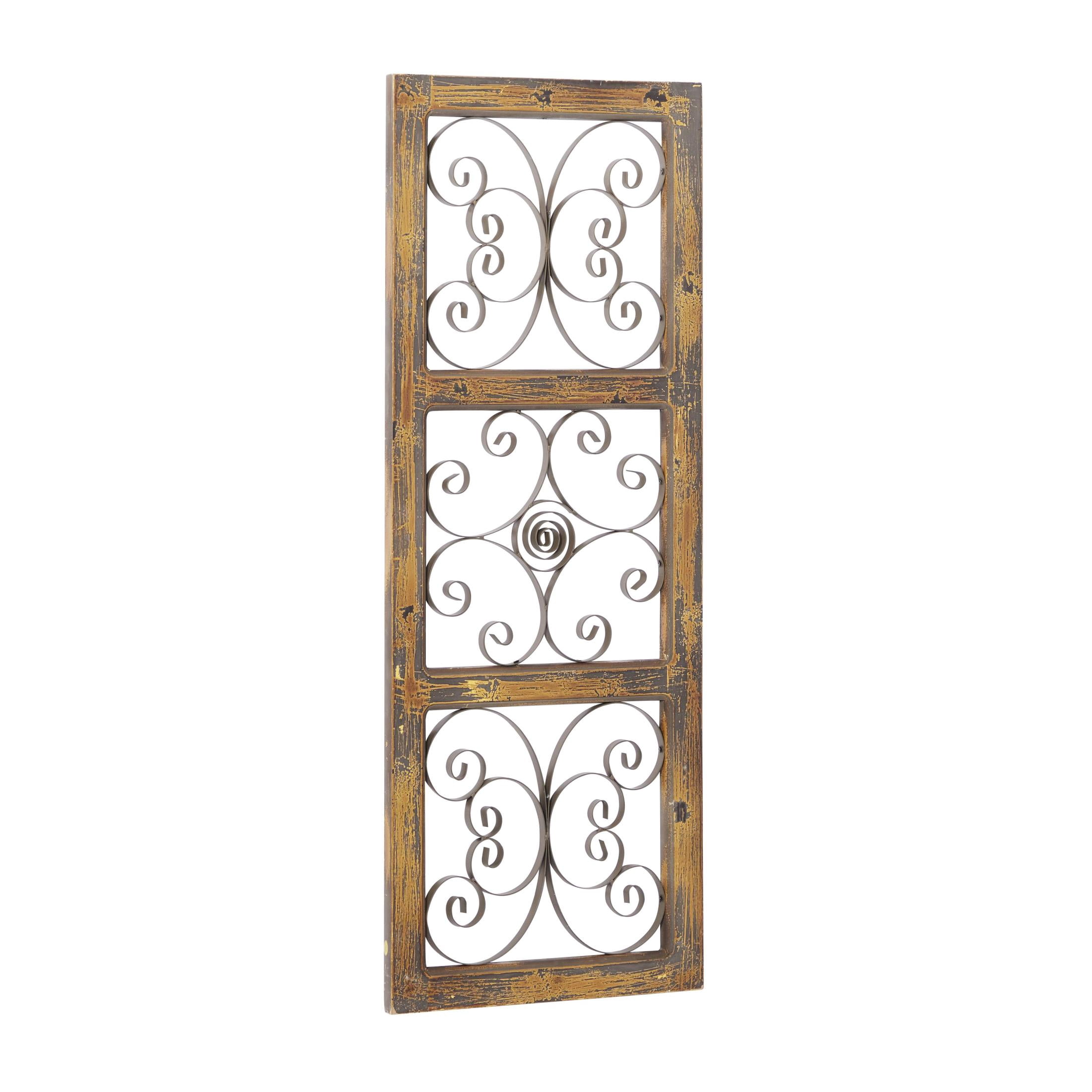 DecMode Brown Wood Distressed Panel Scroll Wall Decor with Bronze Metal Scrollwork