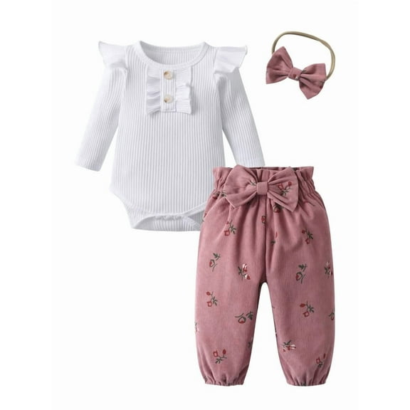 Newborn Baby Girl Clothes Long Sleeve Ruffle Romper Floral Print Pants Set 3PCS Pink