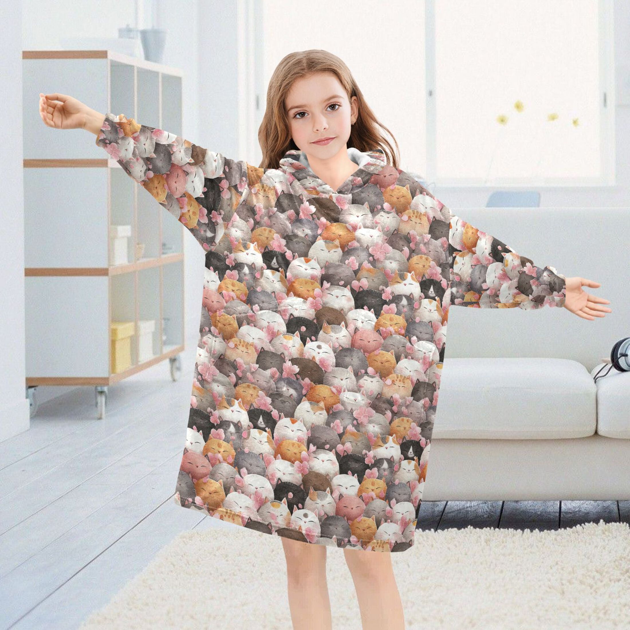 Wearable Blanket Hoodie for Kids Cute and Funny Cat Flannel Hooded Blanket with Pockets and Sleeves Suitable for Boys and Girls