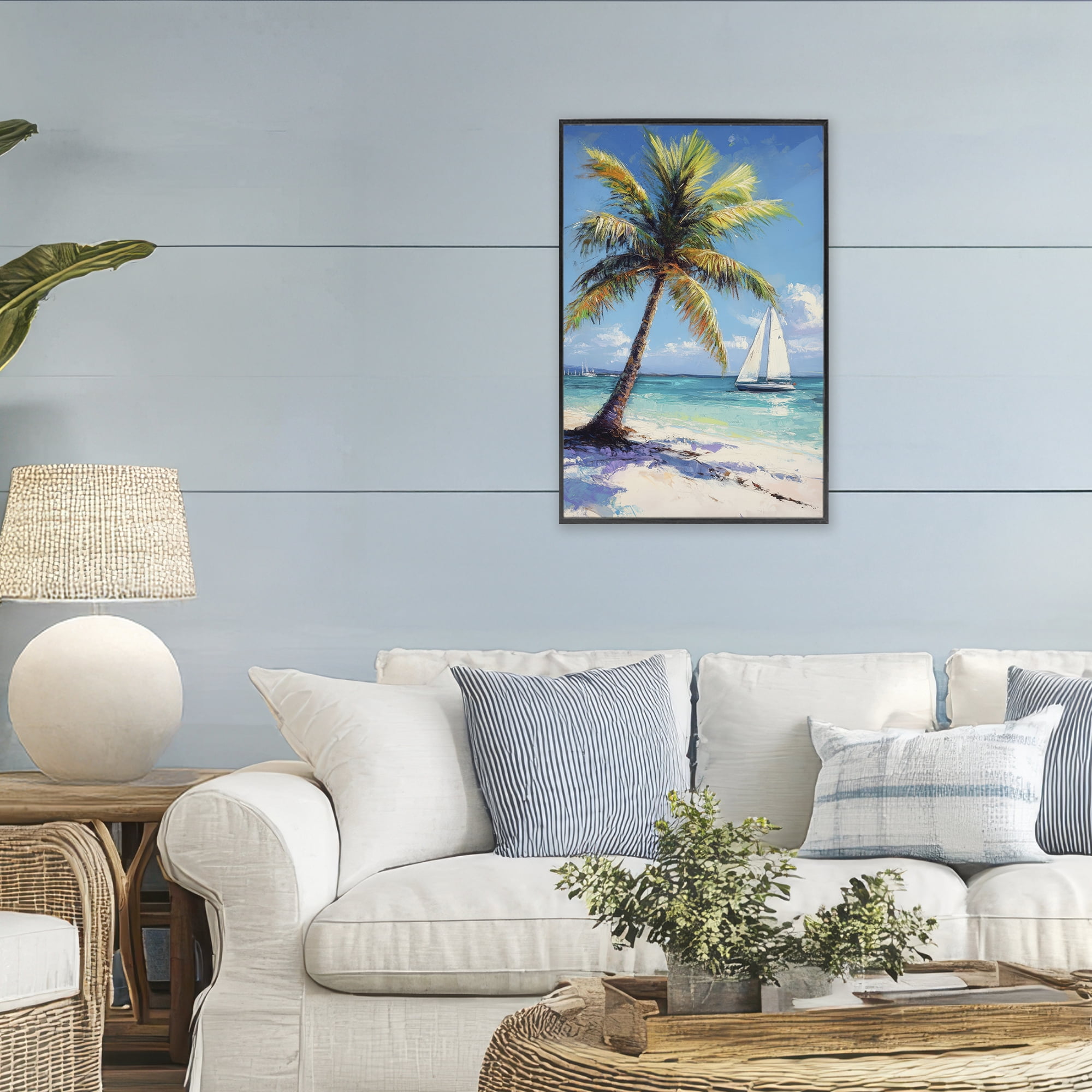 Stupell Industries Palms & Sails Beach View Black Framed Giclee Art, design by Petal Prints Design