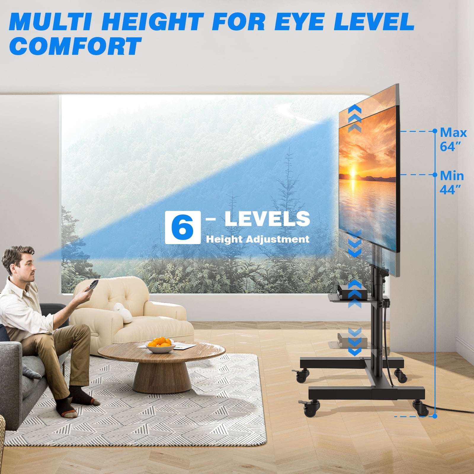RTVR Upgraded Mobile TV Stand with Power Outlet for 32-85 inch Screens, Portable Adjustable Rolling TV Cart Stand with AV Shelf for Bedroom Home