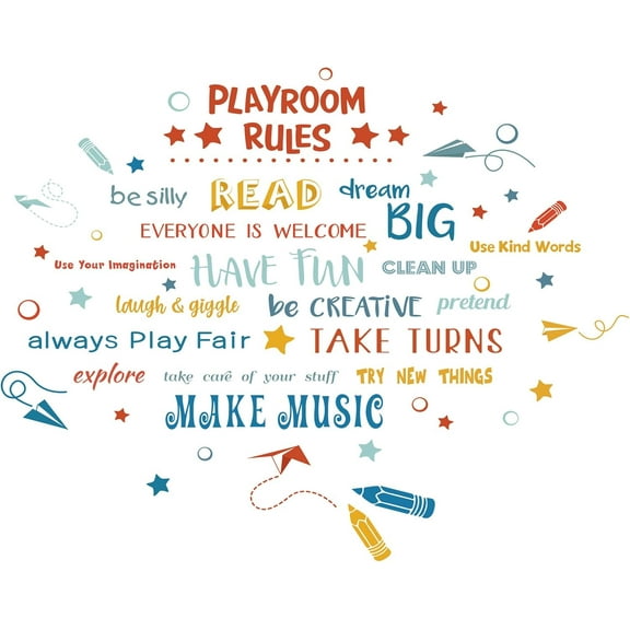 2Sheets Colorful Playroom Rules Quotes Wall Stickers Removable Vinyl Peel and Stick Wall Decals for Nursery Bedroom Playing Room Classroom Wall Decoration Home Indoor Wall Art Decor