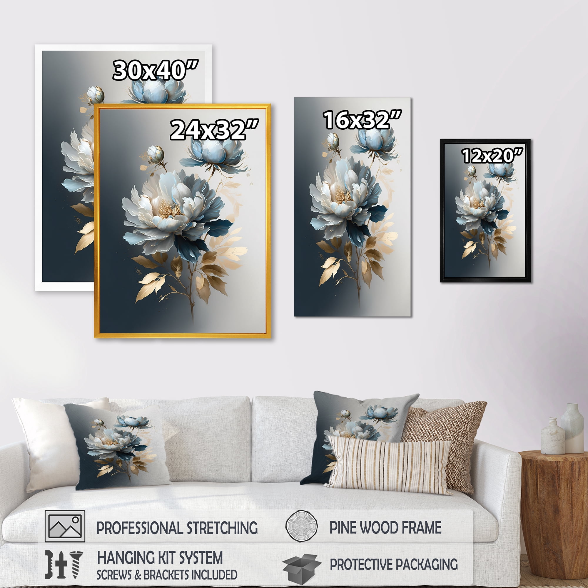 Designart Hyperrealistic Blue And Gold Peony II Canvas Wall Art