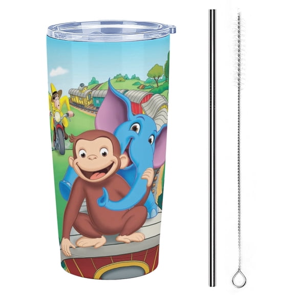 Curious George Stainless Steel Tumbler Cup with Lid 20 oz Double Walled Insulated Travel Coffee Cup Keeps Drinks Cold & Hot