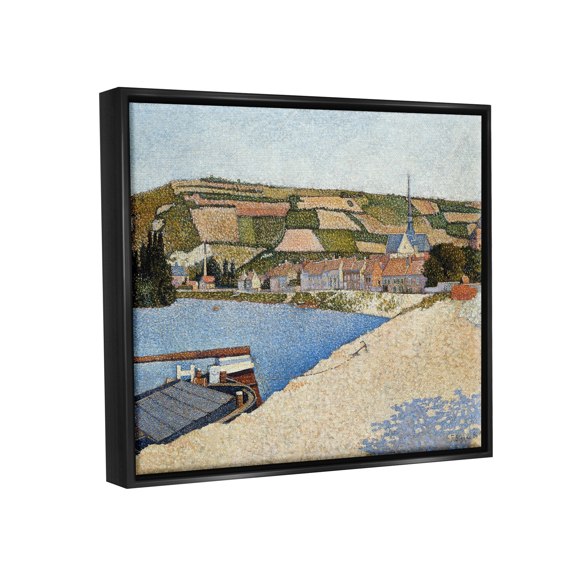 Stupell Industries Rural Waterside Town Boat Dock Distant Farmland Painting Luster Gray Floating Framed Canvas Print Wall Art, Design by Lettered and Lined