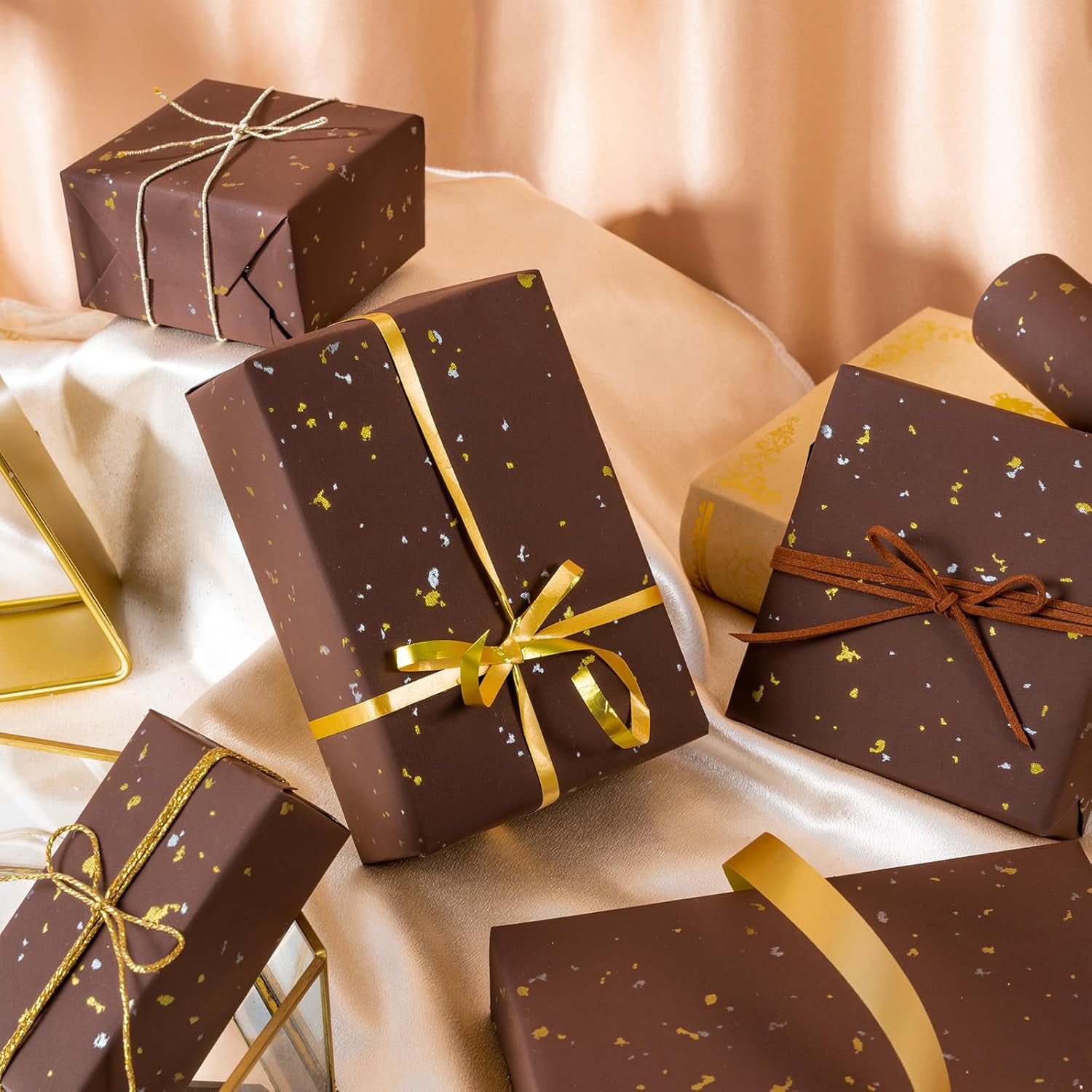 30 Inch Jumbo Chocolate Brown Wrapping Paper Roll - 30 Inch x 16.5 Feet - Chocolate Brown Gold Design with Silky Touch Perfect for Birthday, Holiday, Wedding, Baby Shower