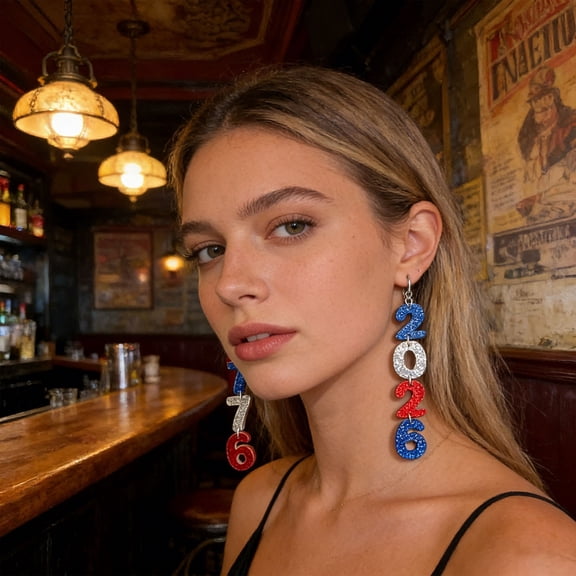 HonestMatter 4th of July Earrings for Women, Patriotic Red White and Blue Acrylic Earrings, USA Flag Star Earrings with Glitter for Independence Day Celebration, 1 Pair