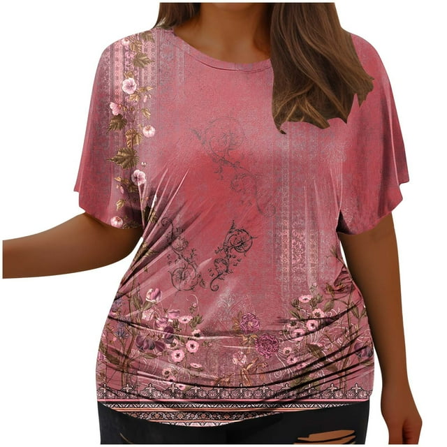 Tops Cortos para Mujeres, Cintura Plisada Cuello Redondo Tamaño Grande Camiseta de Manga Corta Top Casual Hecha de Estante de Imitación, Camisetas Casuales de Mujer