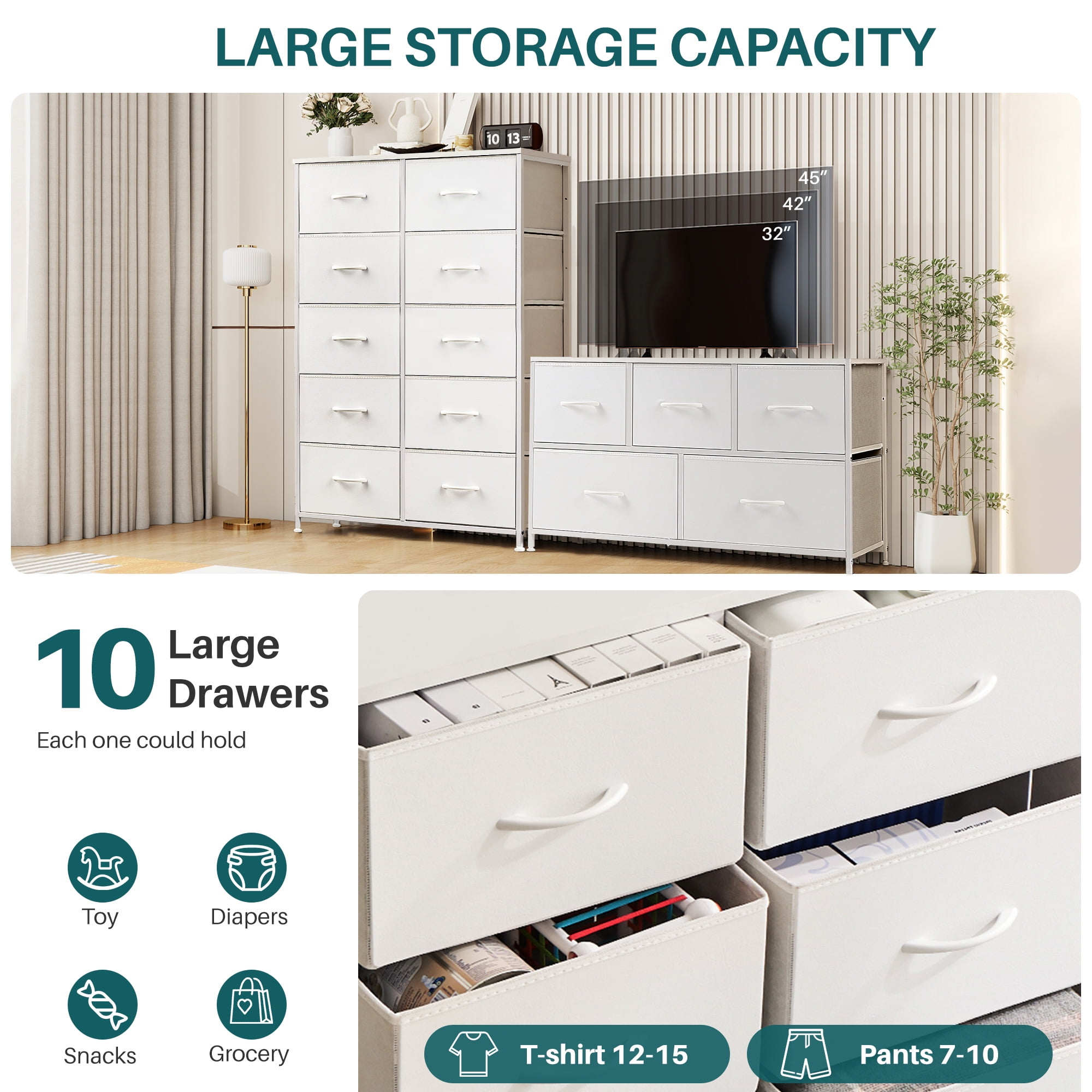 Nextay 10-Drawer Fabric Dresser for Bedroom, Storage Dresser Closet with Steel Frame & Wooden Top for Living Room, Dressing Room, Entryway, White