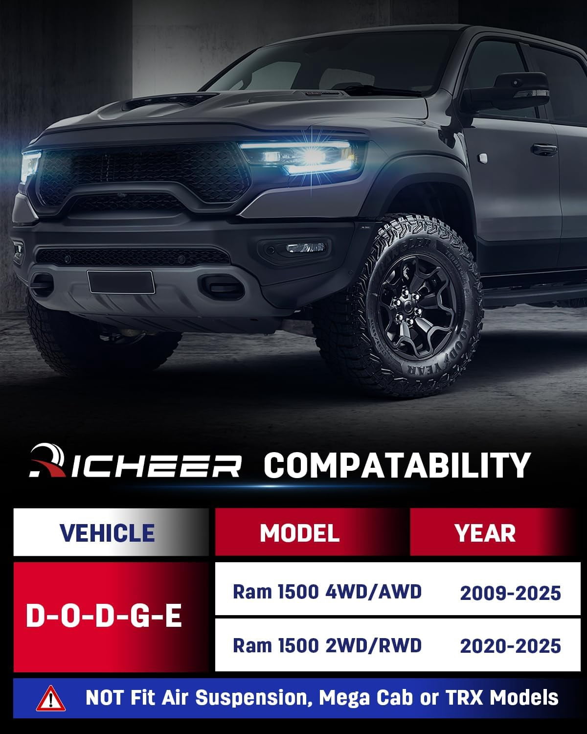 Richeer 3" Front and 2" Rear Leveling Lift Kits for 2009-2025 Ram 1500 4X4 4WD/AWD,2020-2025 Ram 1500 2WD/RWD, 3 Inch Front Strut Spacers and 2 Inch Rear Lift Spacer for 2009-2025 Ram 1500 Lift Kits