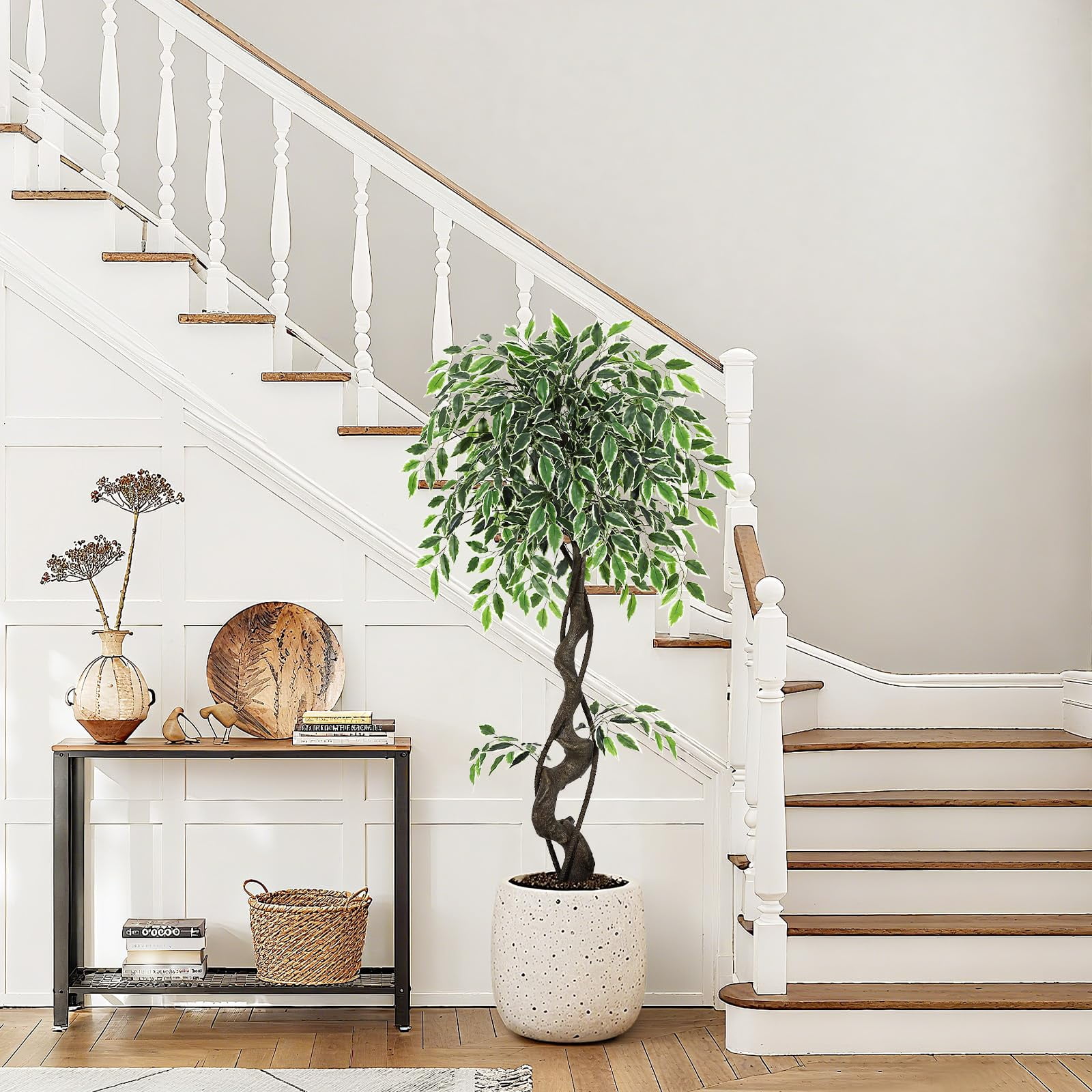 Ataucjin 4FT Artificial Ficus Tree,Faux Floor Tree White Imitation Ceramic Planter, Indoor Outdoor Lifelike Fake Ficus Tree with Pebbles & Green Fake Moss for Office Home Decor