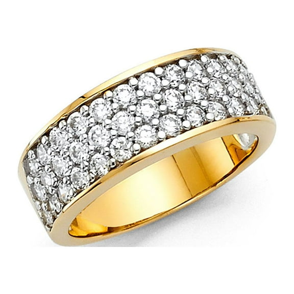 14k Yellow Gold Round CZ Wedding Band Anniversary Wide Ring Bridal Three Row CZ Band Pave Set Size 7