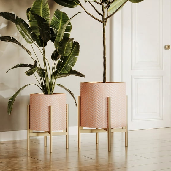 2-Piece Boho Metal Planter Pot With 4-Leg Gold Metal Base - Terracotta Color - 14.75"H x 11.75"W / 12"H x 9.5"W