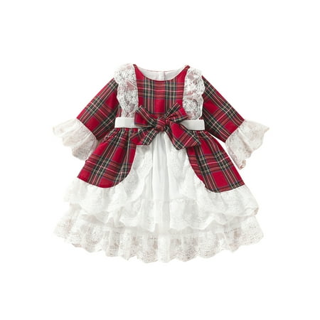 

Musuos Little Girls Christmas Dress Buffalo Plaid Princess Lace Formal Dresses