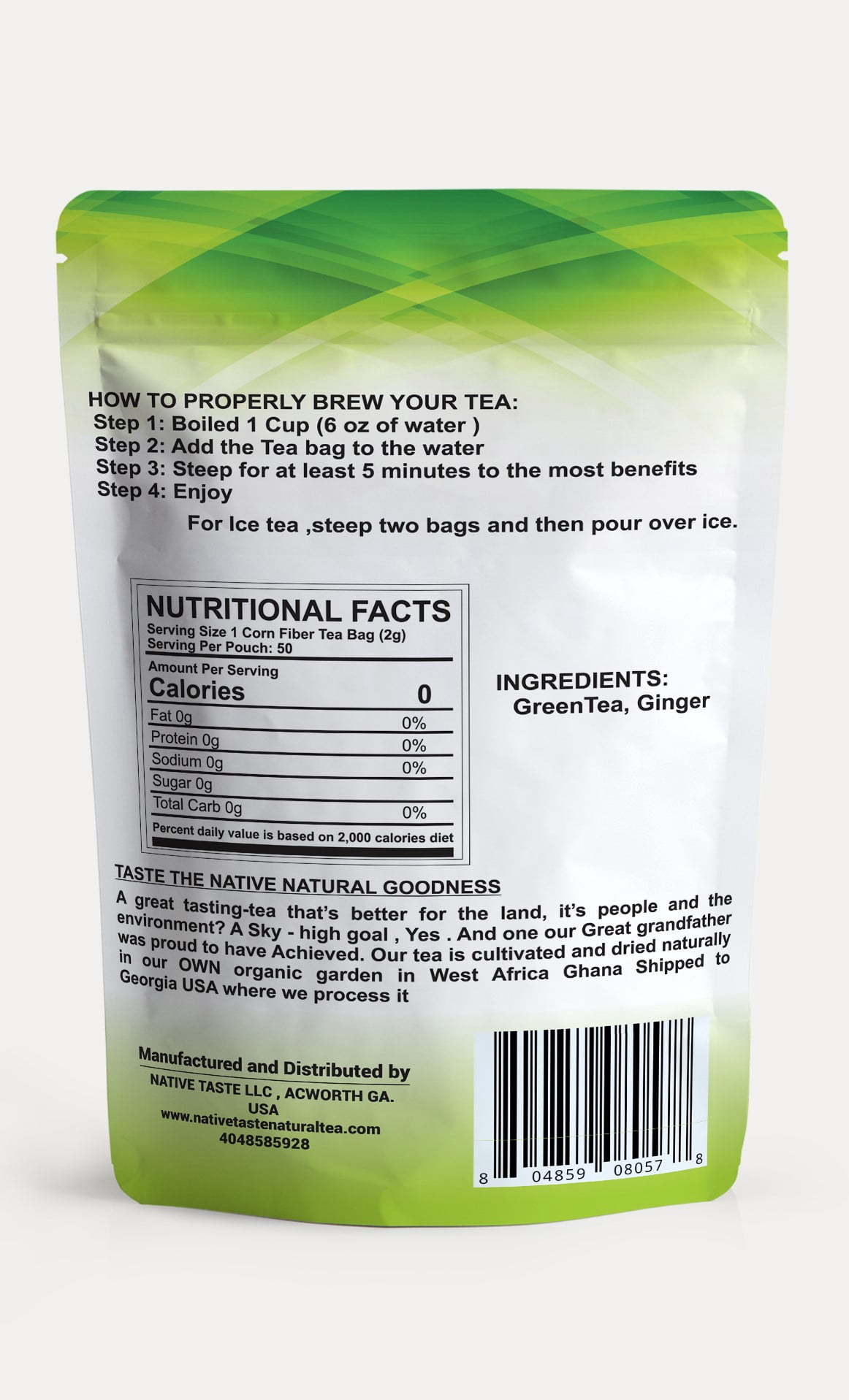 Ginger and Green Tea - 50 Pyramid Corn Fiber Teabags- 100% Sun Dry Cut and Sift Tea Leaves in Pyramid Teabags- 100 percent Natural Taste