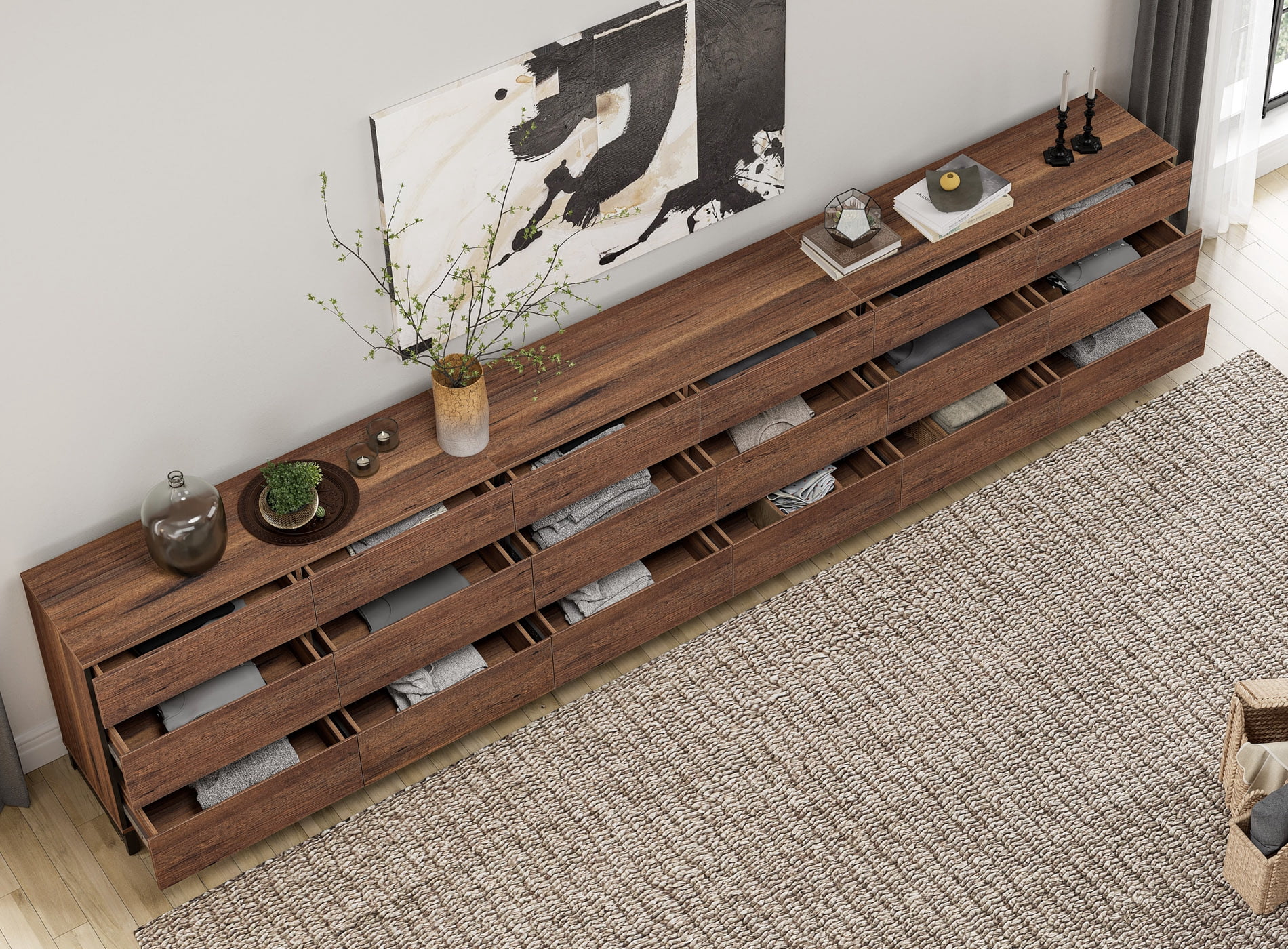 3 PCS Dresser For Bedroom, Closet Organizers And Storage With 18 Drawers, Chest Of Drawers With Metal Base, Modern Wood Dresser,Brown