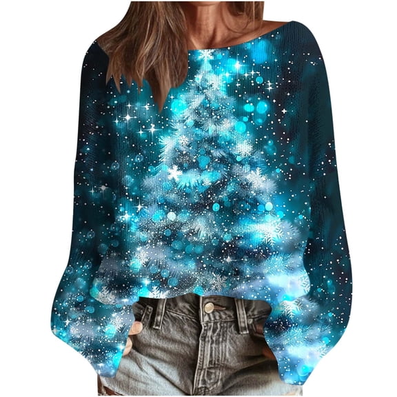 yardsong Christmas Pullover Tops for Women - Imitation Knitted Shirts Boat Neck Long Sleeve Xmas Tree Graphic Holiday Sweater Blue,XXL