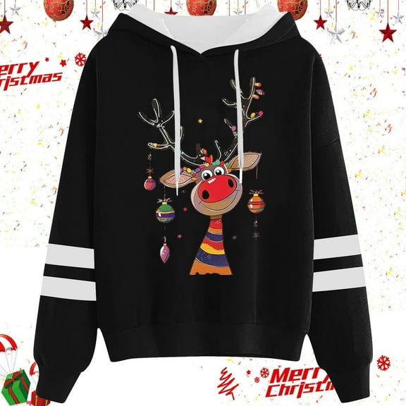 Vintage Christmas Sweatshirt Women'S Casual Christmas Print Drawstring Tops Hoodies for Women Black L