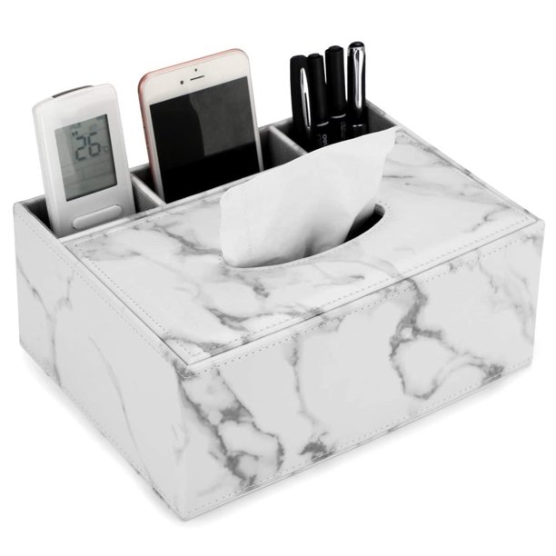Caja de pañuelos de cuero de PU, caja de pañuelos rectangular para el hogar y la oficina con caja de almacenamiento remota, elegante y con estilo, servilletero para el escritorio del hogar,