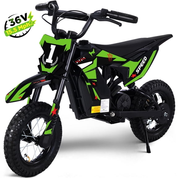 Wisairt 36V Kids Electric Dirt Bike, 15.5 mph High-Speed Electric Motorcycle Ride on Dirt Bike for Kids Aged 5-10, 133 lbs Max Load, 10-mile Range, Waterproof Seat, Twist Grip Throttle, Green & Black