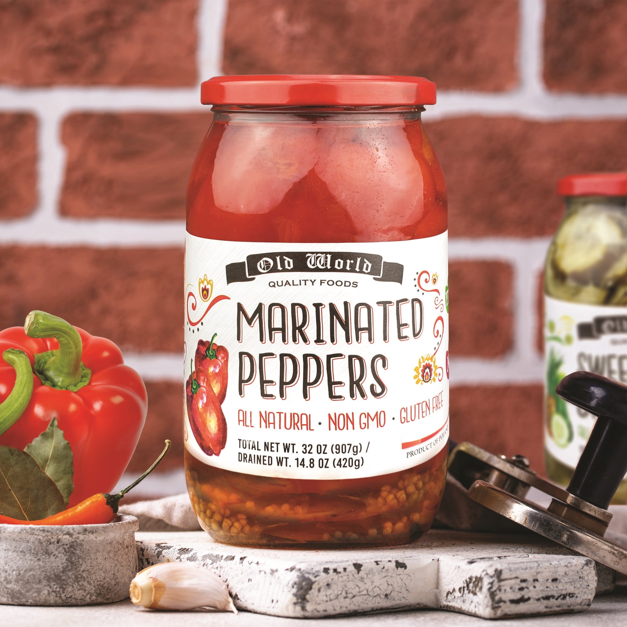 Set of Four 32 Oz Jars of Assorted Pickled Vegetables - German Salad, Greek Salad, Beet & Leek Salad, and Marinated Peppers