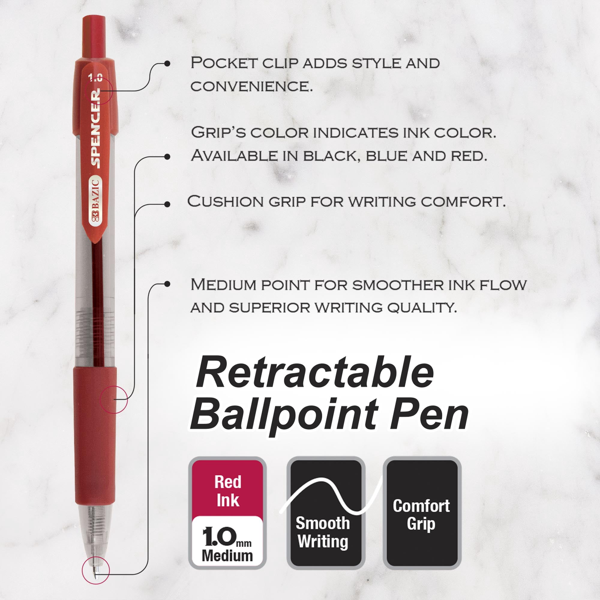 BAZIC Spencer Red Retractable Pen w/ Cushion Grip (5/Pack) 1.0 mm, 24-Pack
