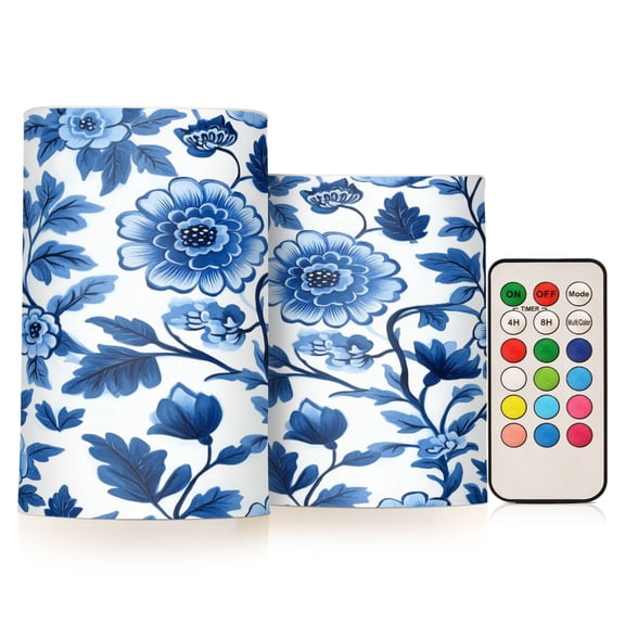 Yayeee Flameless Candles with Remote Flickering Battery Operated Multi Color Changing, Blue Floral Pattern