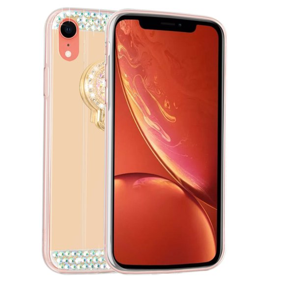 FIEWESEY For iPhone XR Mirror Case with Ring Holder Kickstand for Girls Women Bling Shining Rhinestone Diamond Luxury Makeup Case for iPhone XR 6.1 inch(Gold)