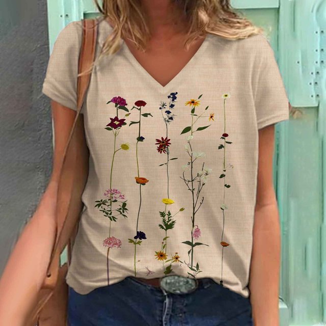 Fiudx Camisas de Mujer Moda Mujer Causal V-Cuello Impresión Blusa Manga Corta Camiseta Verano Tops