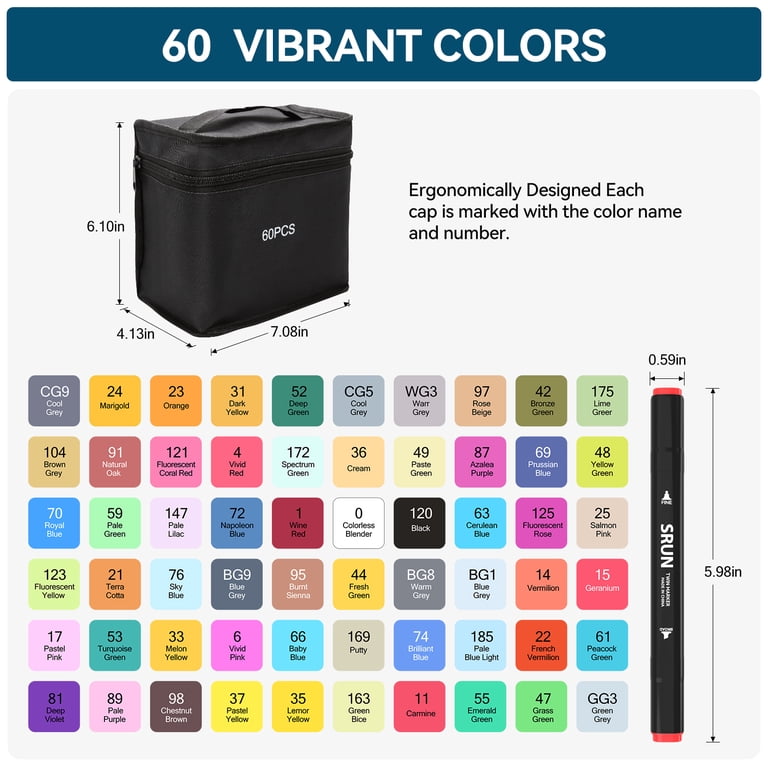 Dual Tip Art Markers, 60 Colors, with Carrying Case photo 2