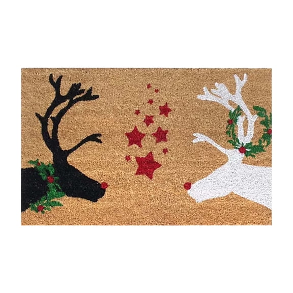 Fall Reindeer Star Welcome Doormat, Natural Coir Material Thanksgiving Decor, Entrance Porch Outdoor Home Rug