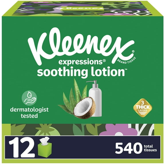 Kleenex Expressions Soothing Lotion Facial Tissues with Coconut Oil, 12 Cube Boxes, 45 Tissues per Box, 3-Ply, Packaging May Vary