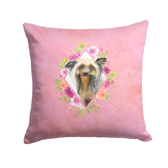 Carolines Treasures CK4130PW1414 Chinese Crested Pink Flowers Fabric Decorative Pillow 14Hx14W multicolor