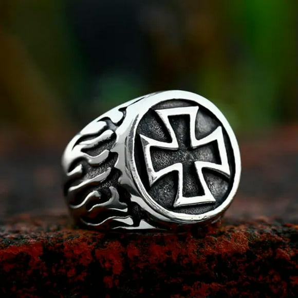 HOOUN Men's Vintage Jewelry Fire Iron Cross Ring Stainless Steel Cross Biker Punk Ring-7