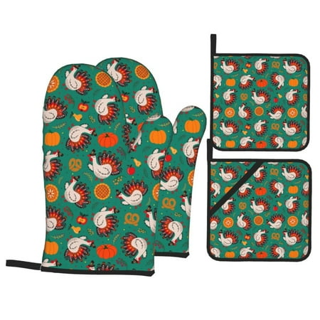 

Oven Mitts and Pot Holders 4 pcs Set Cartoon Turkey Heat Resistant Pot Holders Oven Mitts for kitchen Non-Slip Hanging Loop Oven Glove Potholders for Baking Cooking